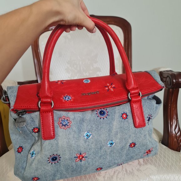 Desigual genuine denim bag with red leather and embroidery - Picture 5 of 7